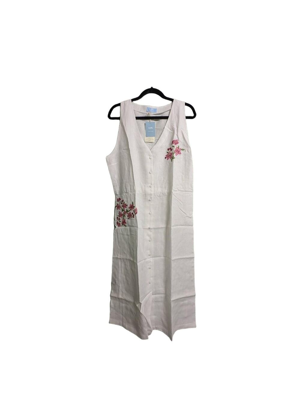 NWT Andie x Fanm Mon Anamur Linen Midi Dress White Floral Embroidery V-Neck Butt